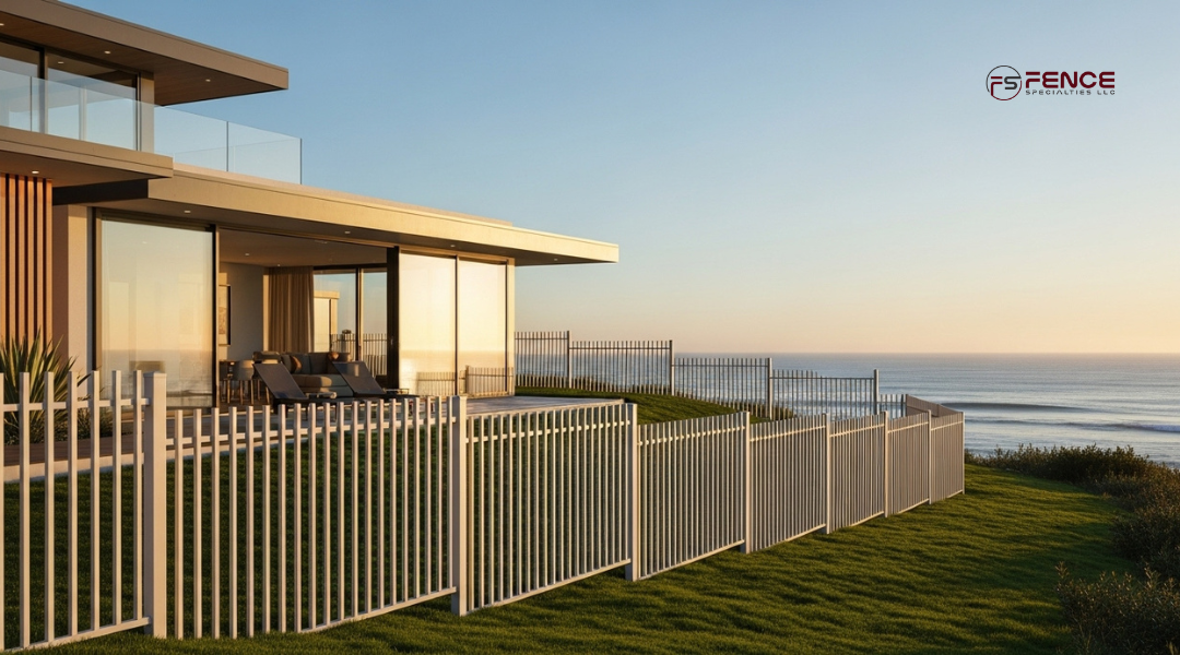 Modern coastal home with large windows and aluminum fencing that complements architecture on sloped terrain.