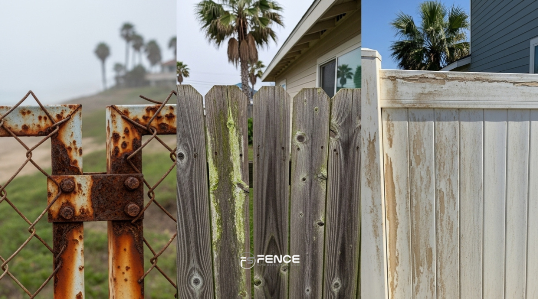 Rusty metal, warped wood, and discolored vinyl fences near a coastal home showing common problems in salty, humid environments.