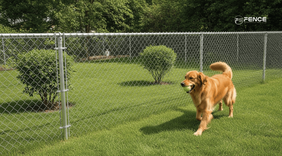 Standard 4–6 ft residential chain link fence enclosing a California backyard