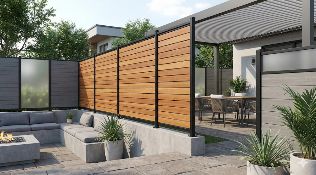 Horizontal mixed-material fence with wood slats, metal framing, and frosted glass panels in a modern outdoor living space.