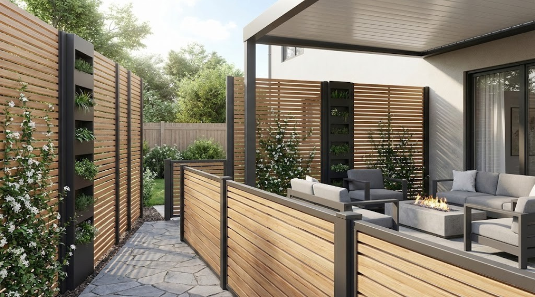 Semi-private slatted fence with climbing plants creating filtered privacy around a modern patio seating area.