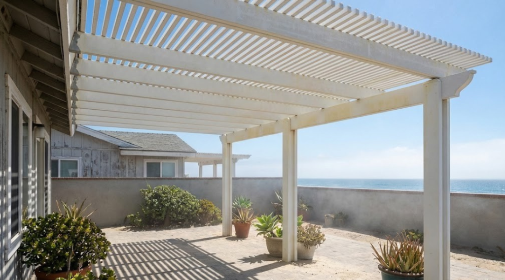 Vinyl patio cover showing UV exposure limits and reinforced framing in a coastal high-sun environment