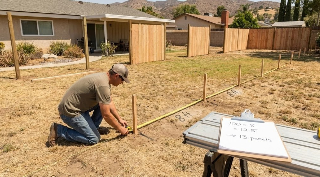 Measuring fence perimeter and marking 8 foot panel spacing to calculate total fence panel count