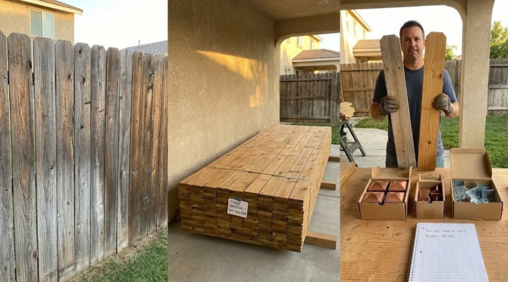 Spare fence boards and hardware stored for future repairs next to weathered wood fence