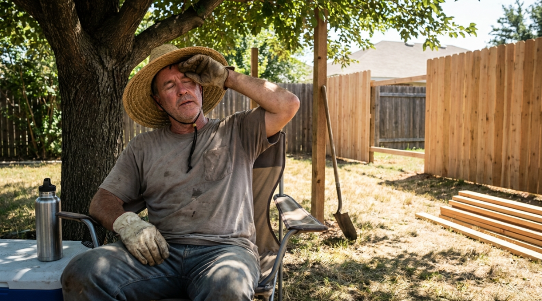 DIY fence builder taking a shade break in hot weather to prevent fatigue and heat exposure