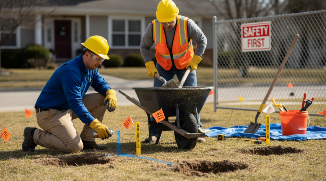 Licensed contractor and electrician safely handling residential fence installation near underground utilities