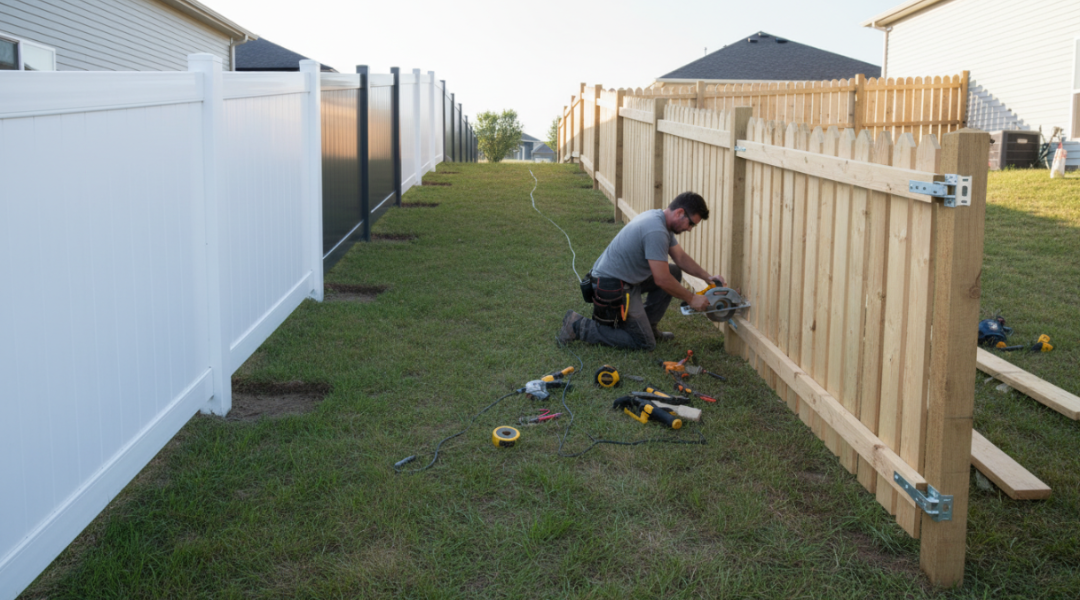Rigid vinyl fence panels installed in stepped sections contrasted with wood panels trimmed on site to fit an uneven sloped yard.