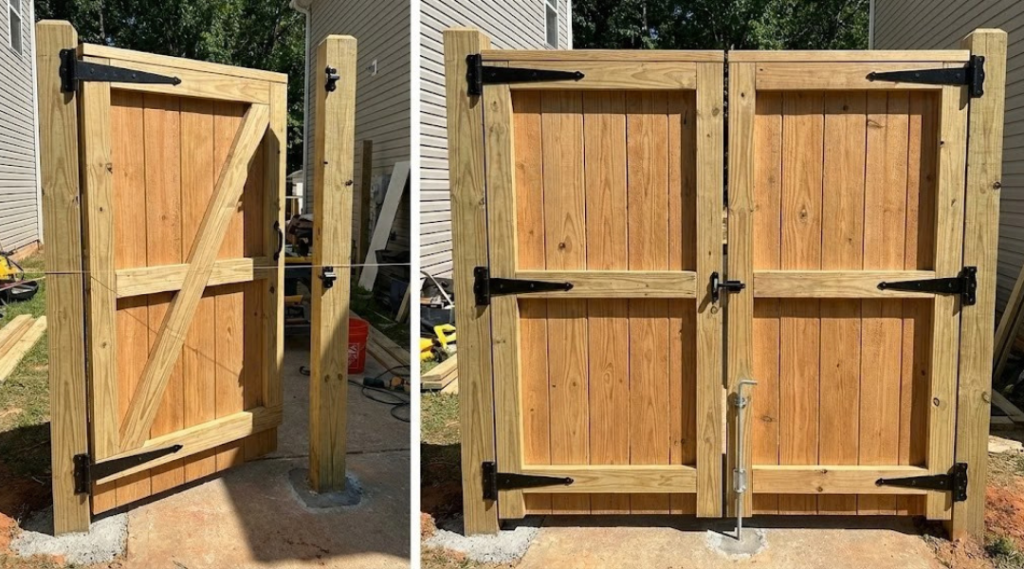 Single vs double fence gate installation showing hinge posts, center stop, and drop rod alignment
