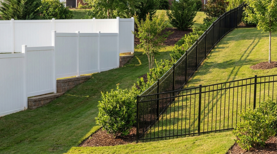 Stepped and racked fence panels installed on a sloped backyard showing level tiered sections versus angled panels following the grade.