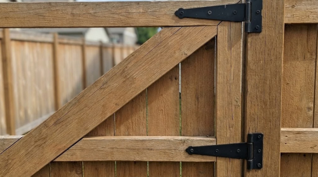 Wood fence gate showing expansion gap at latch post and diagonal brace for sag prevention