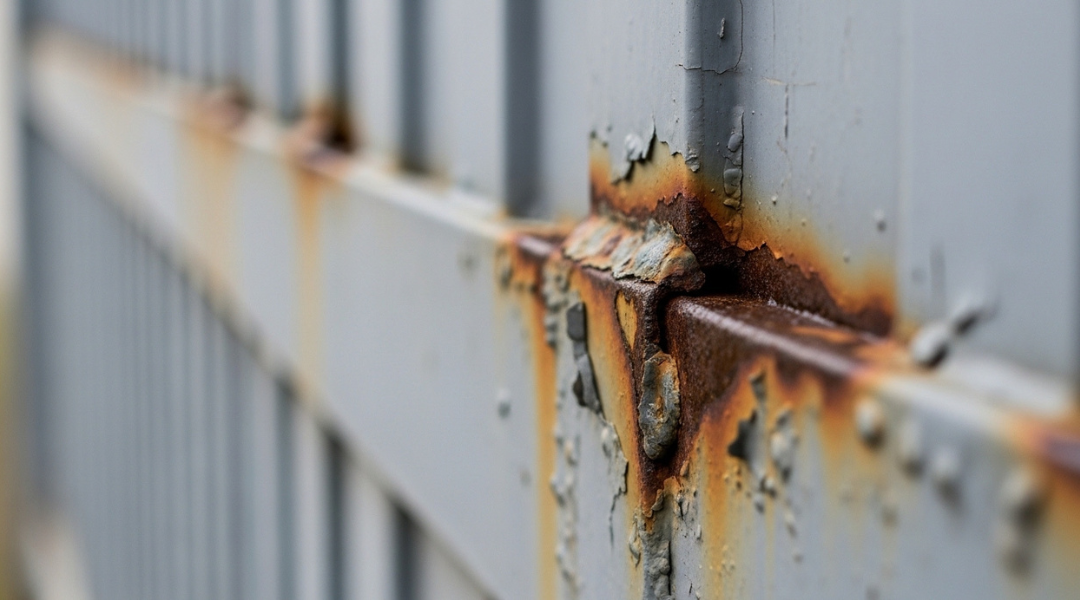 Chipped coating on steel fence exposing metal and early rust formation along weld seam due to moisture intrusion