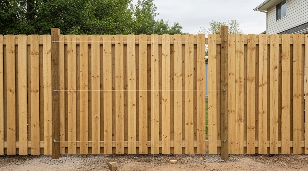 Fence panels aligned with consistent post spacing using a string line to prevent warping and uneven pressure on joints