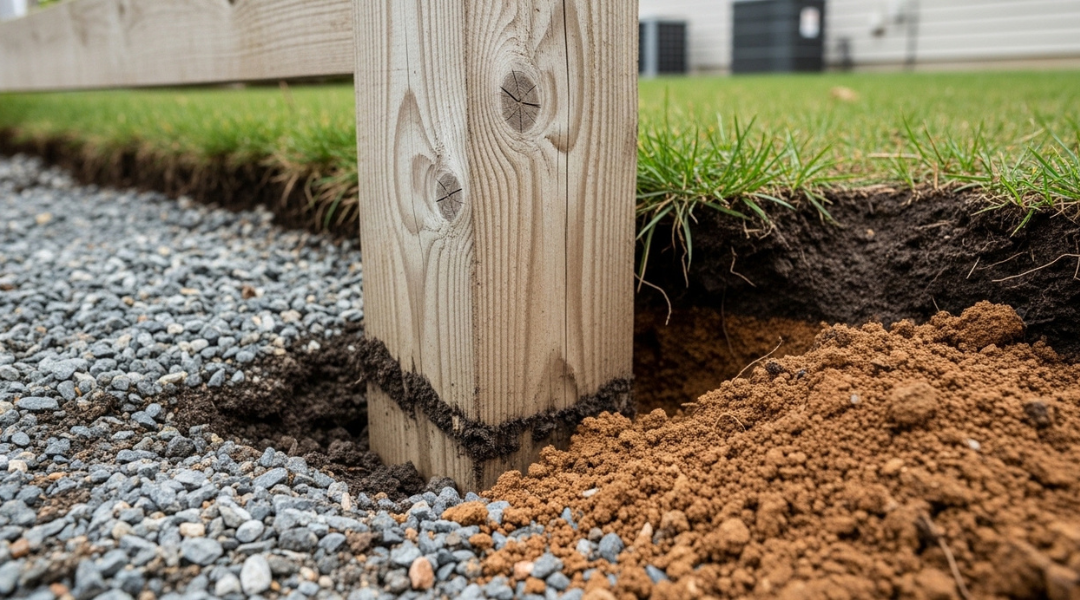Fence post with visible soil gaps and drainage issues showing early signs of leaning caused by unstable ground conditions