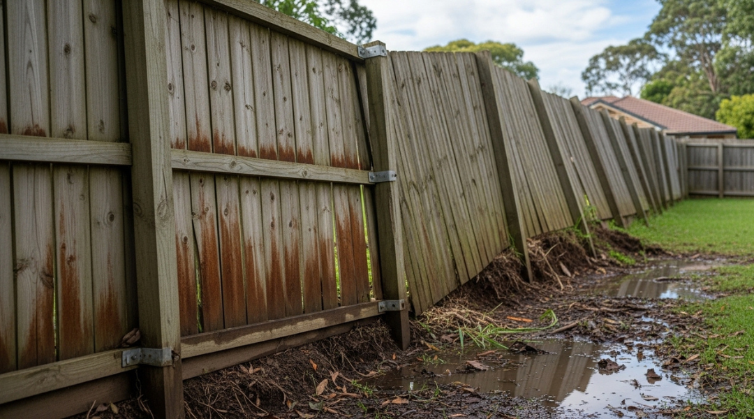 Fence damage from moisture, heat, and wind showing warping, rust, and soil erosion around posts during seasonal inspection