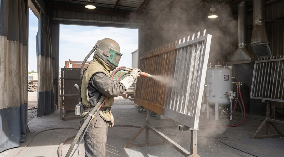 Abrasive blasting on steel fence creating surface profile for better coating adhesion and long-term rust protection