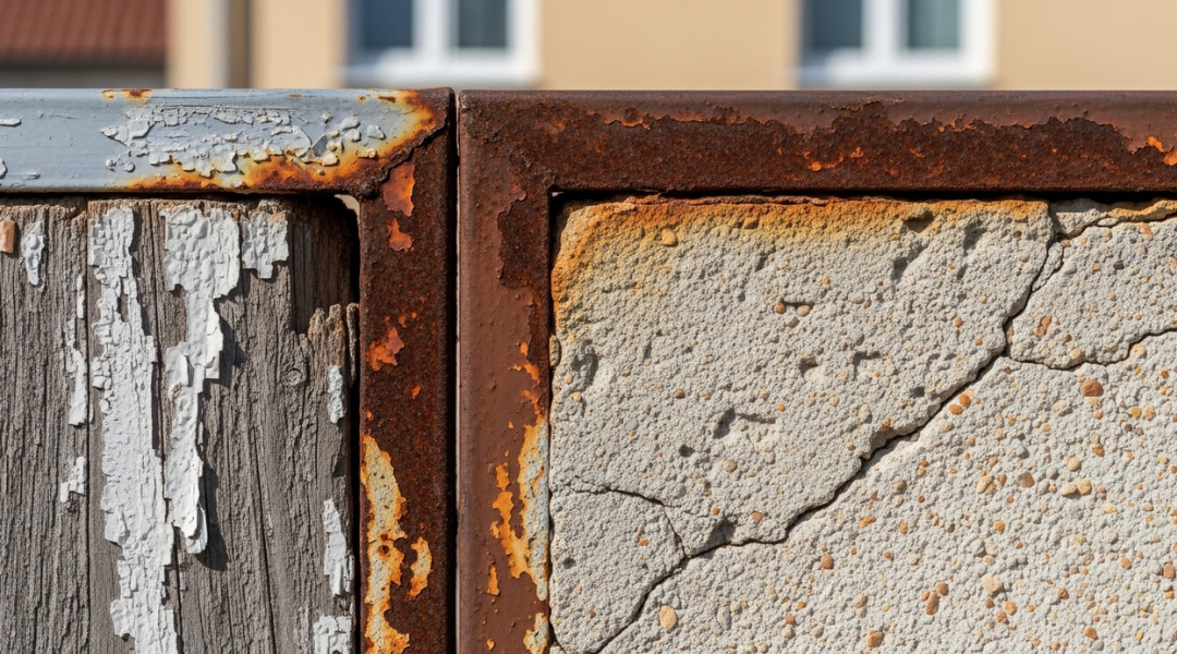 Surface wear on wood, metal, and concrete showing peeling paint, rust, and cracks during seasonal inspection checks