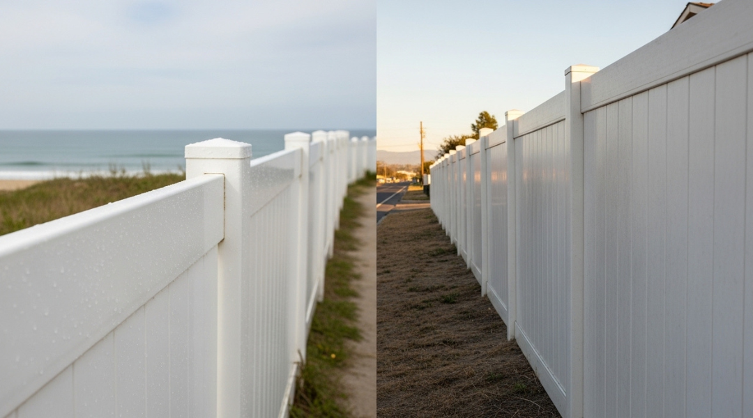 Comparison of vinyl fence with coastal salt buildup and inland pollution residue showing different cleaning needs