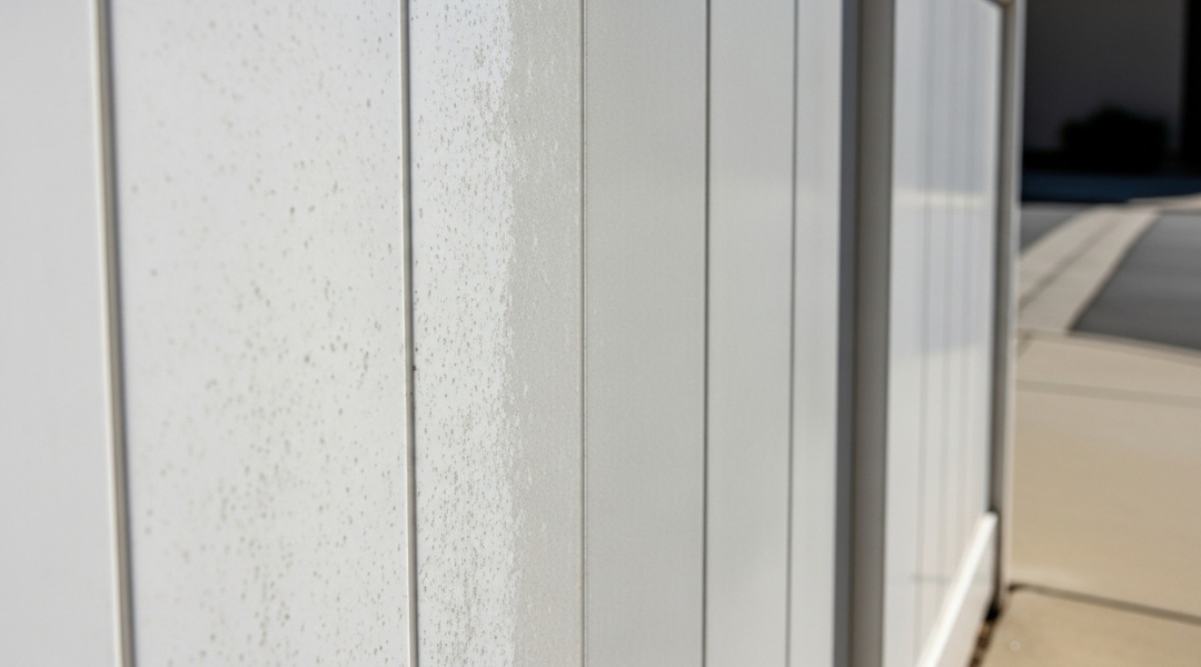 Close-up of vinyl fence surface showing UV fading and chalking caused by prolonged sun exposure in California conditions