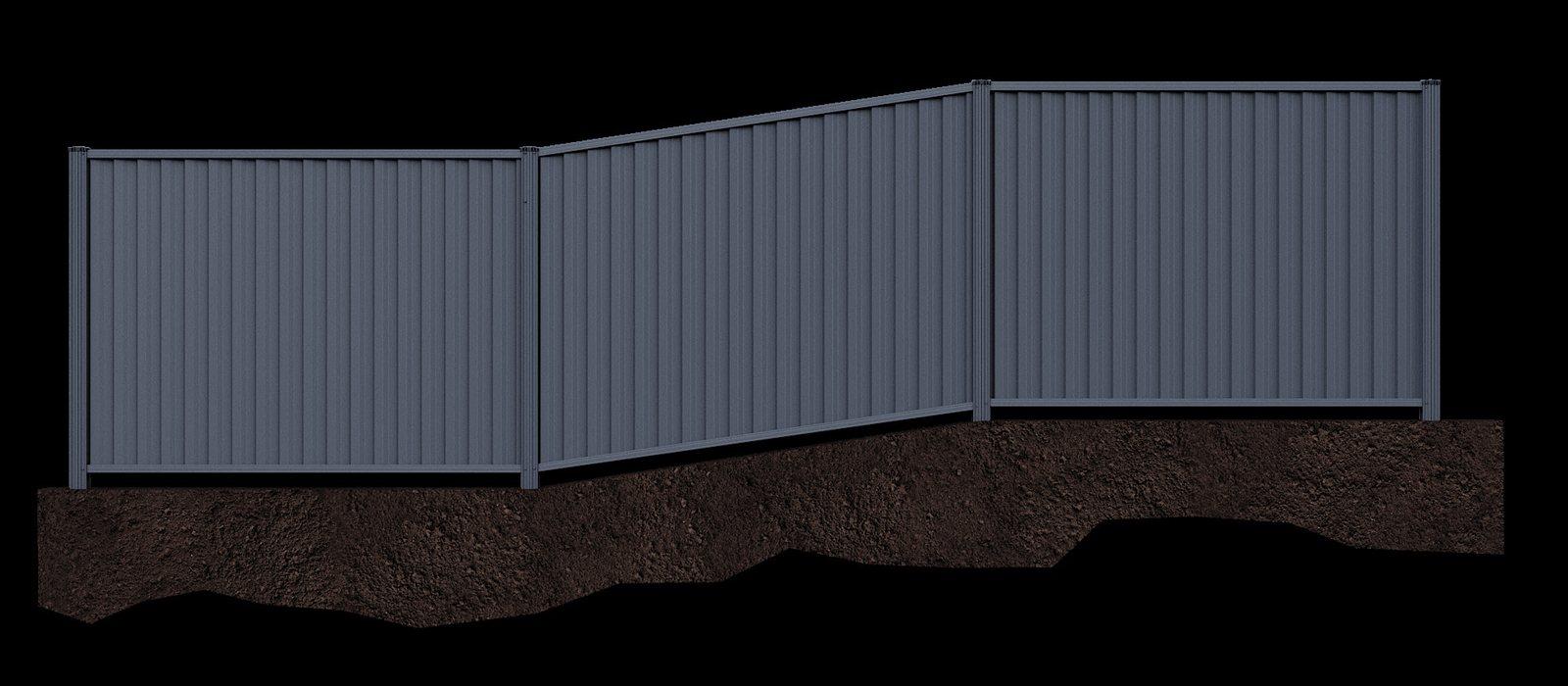 Colorbond fence raked to follow a continuous slope