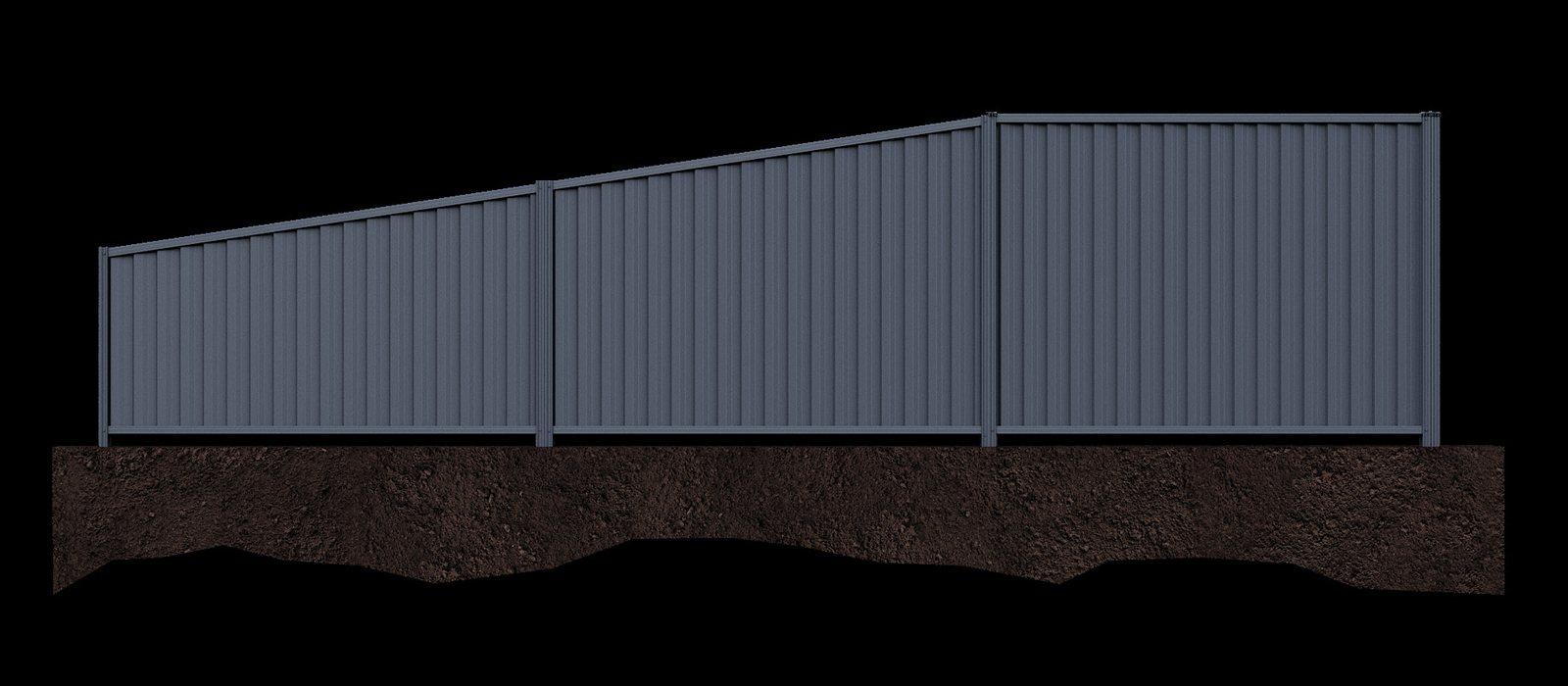 Colorbond fence with a tapered top rail dropping to a lower height