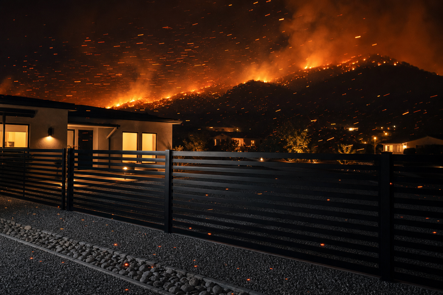 Wind-driven embers striking a non-combustible metal fence at night while a wildfire burns on the ridge behind a California home