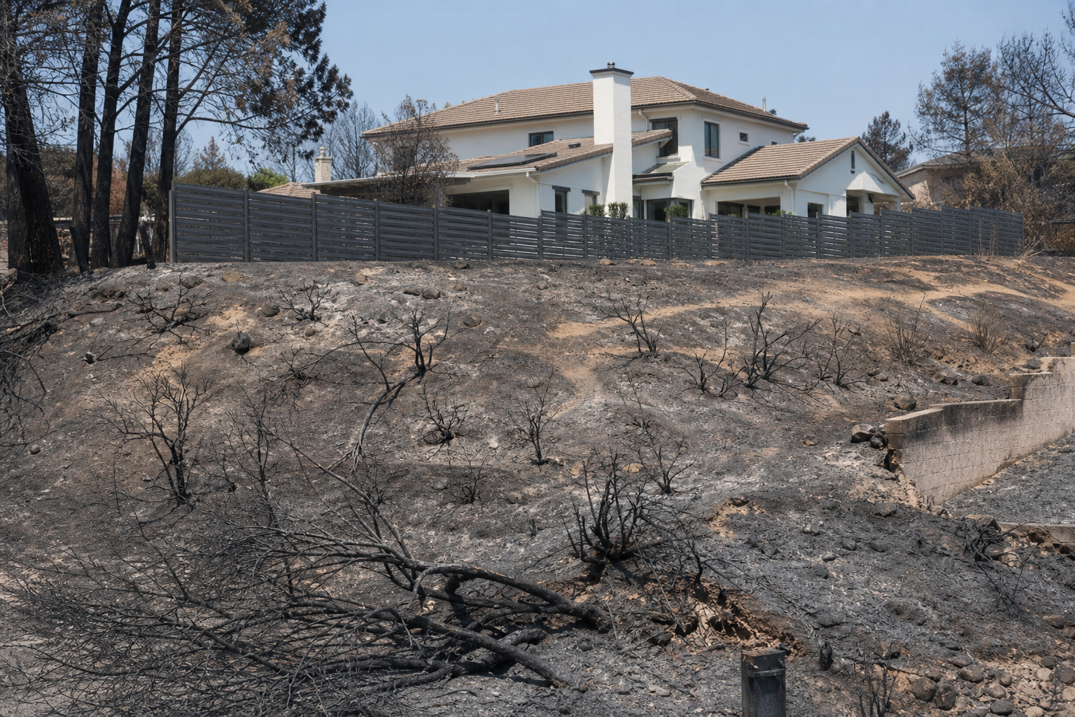 A non-combustible metal fence standing intact and the house behind it undamaged, surrounded by hillside burned black by a wildfire