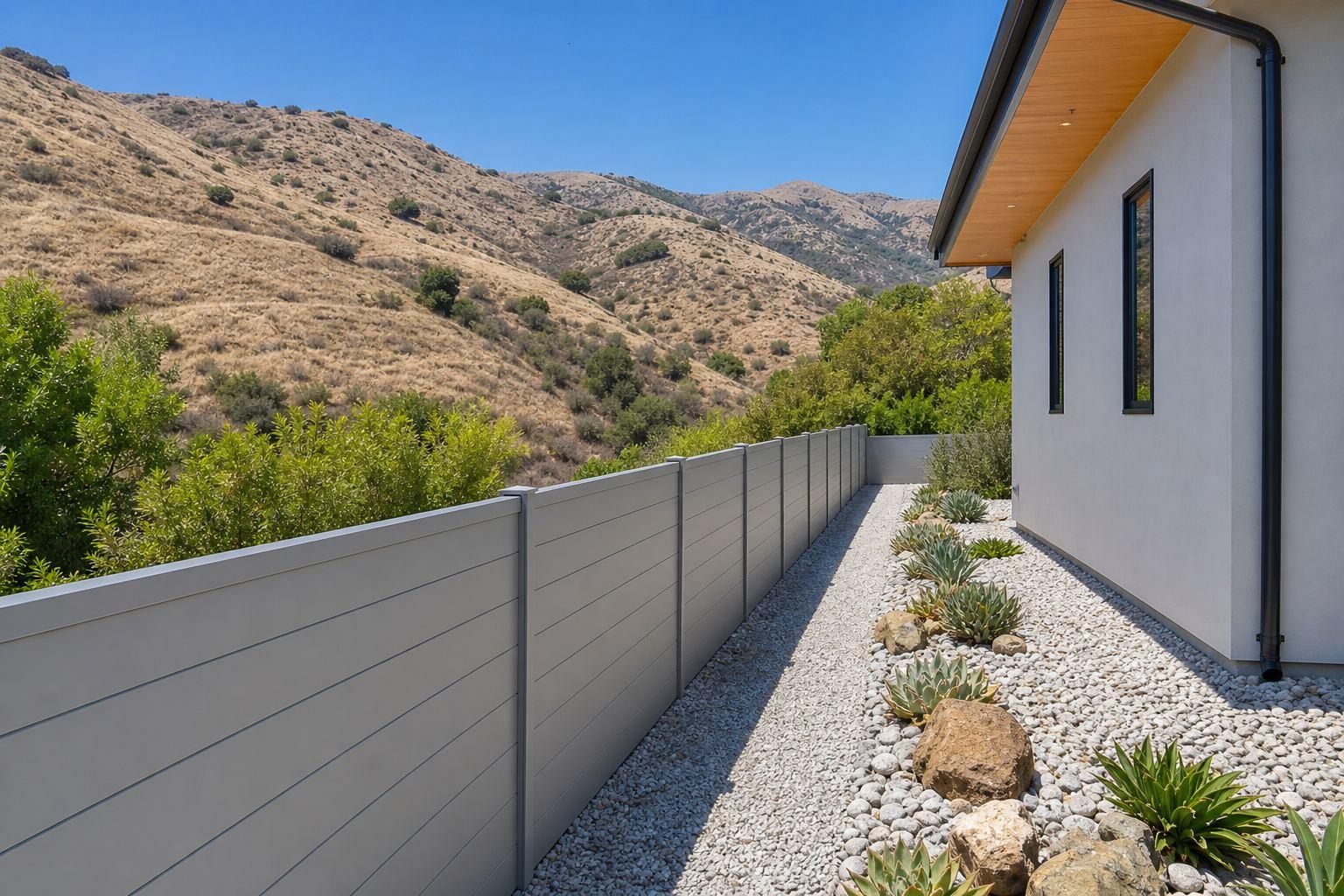 A light grey non-combustible metal privacy fence running to the wall of a modern California hillside home, with pale gravel and succulent planting in the first five feet